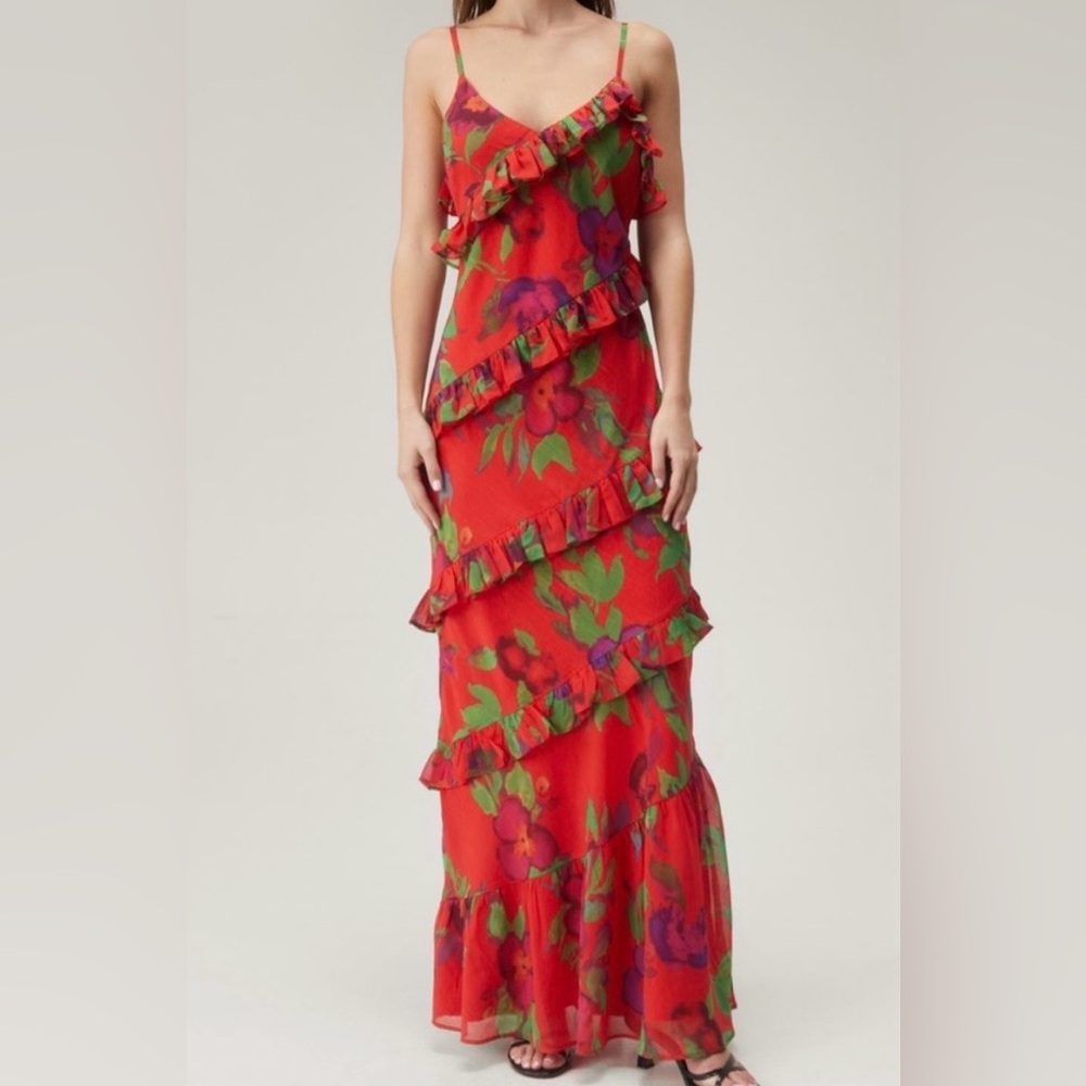 Nasty Gal Red Floral Ruffle Chiffon Maxi Dress Size 6
